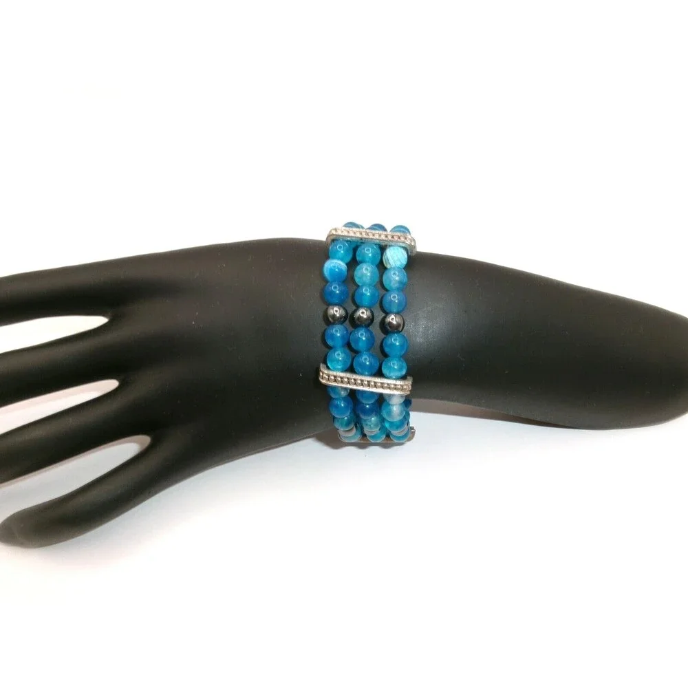 Blue Agate Beaded Bracelet 3 Strands  Hematite Silver & Gold Tone Handmade 6.5